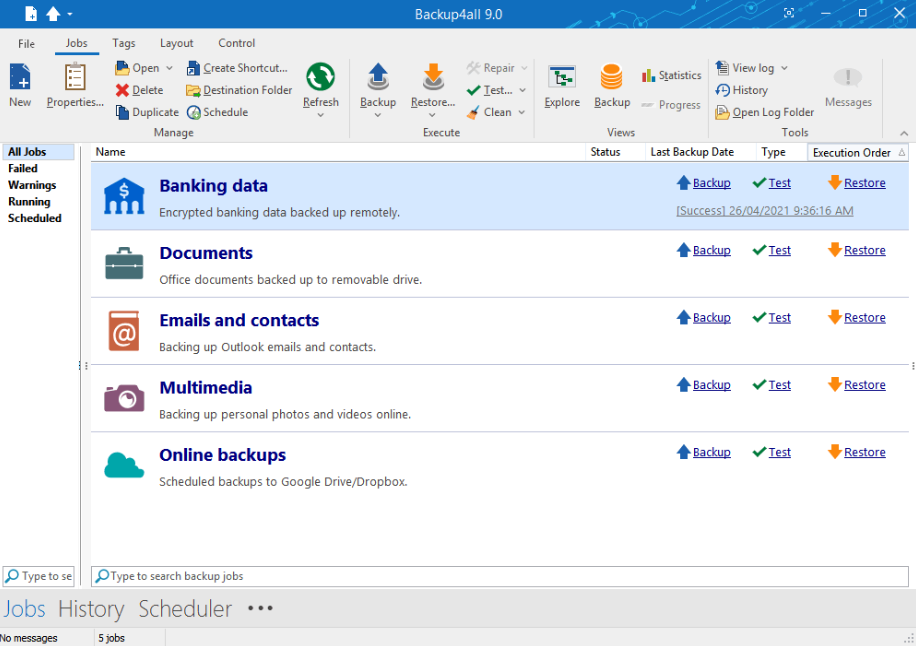 Backup4all jobs overview