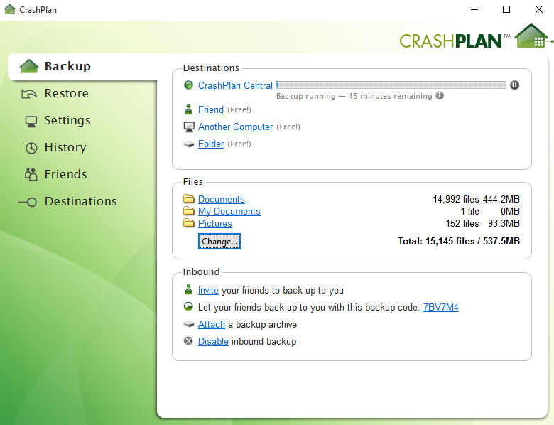 CrashPlan backup feature