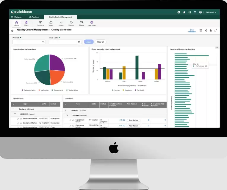 Quick Base quality control dashboard